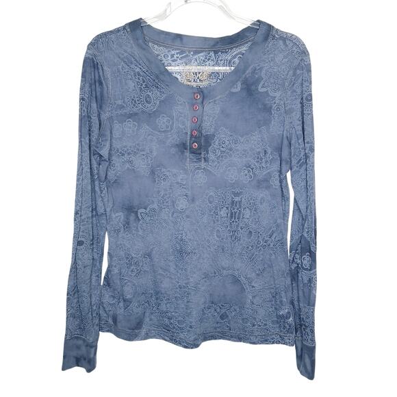 Nine West Blue Sheer Burn Out Paisley Y2K Henley Top Womens XL Western Boho - Picture 1 of 9